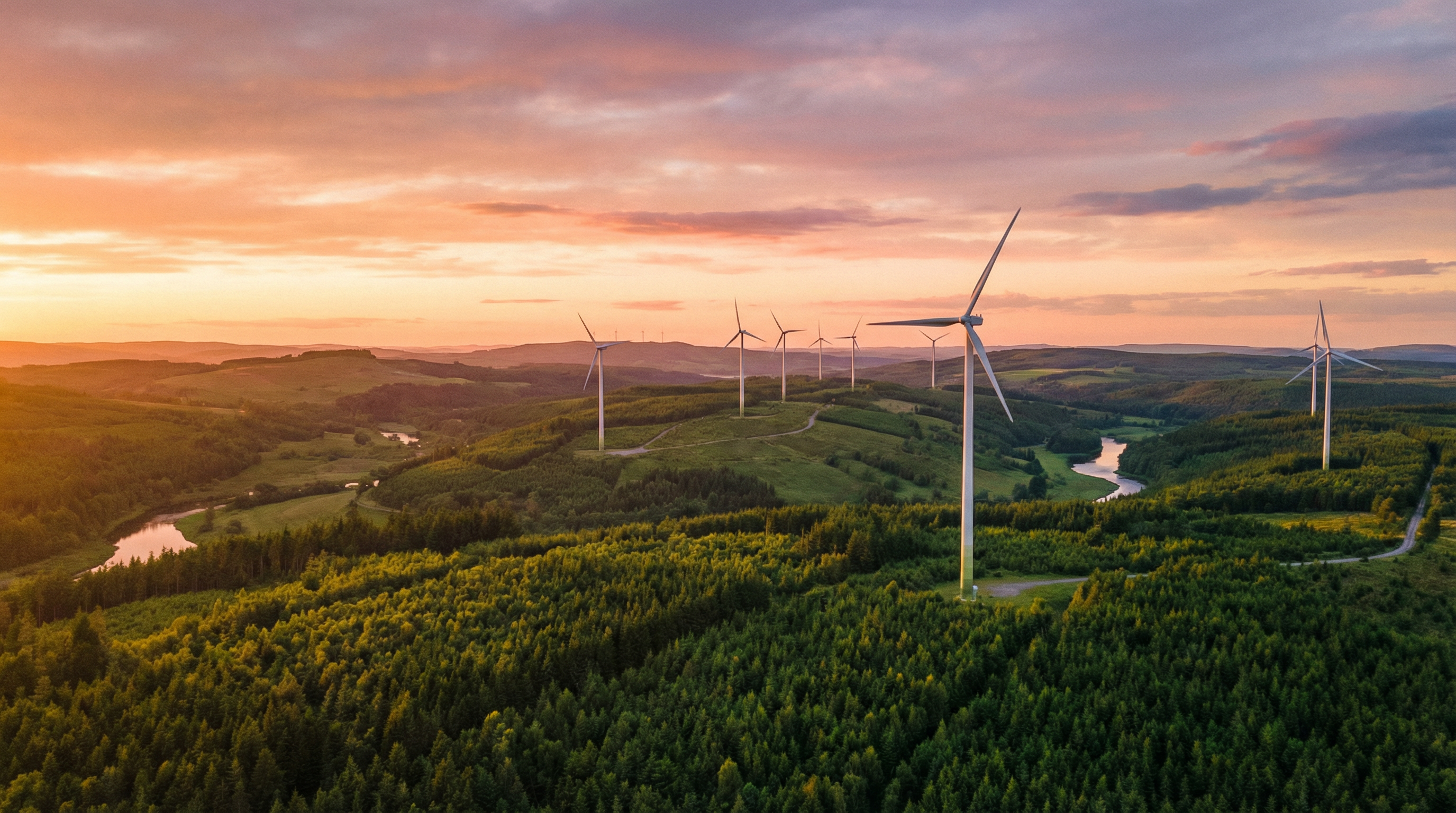 Wind turbines in green landscape